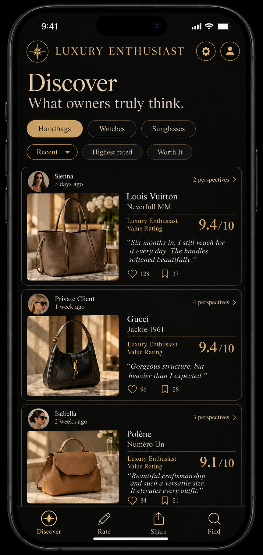 Illustrative Discover feed showing sample member perspectives on luxury handbags